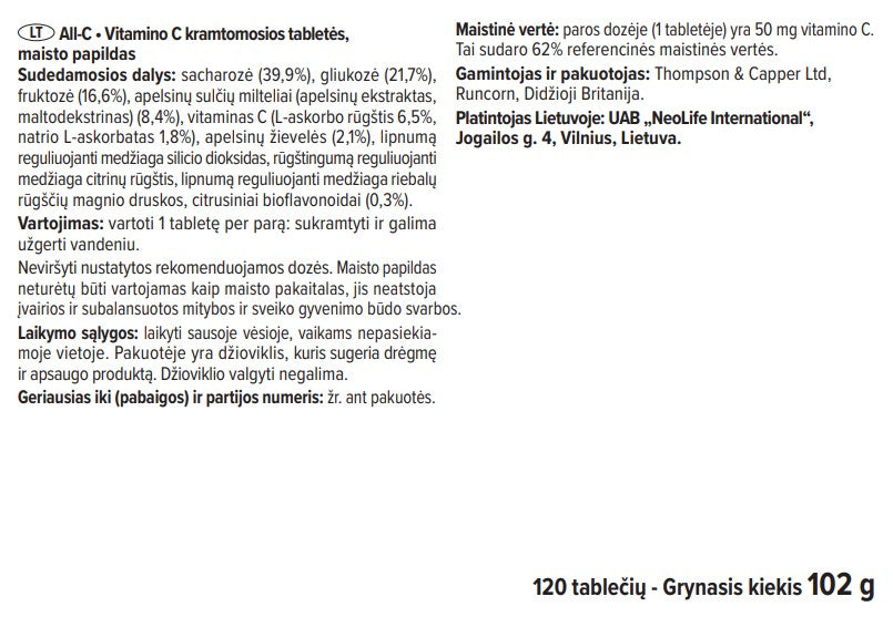 „All C“, vitamino C maisto papildas, kramtomosios tabletės (120 tablečių)