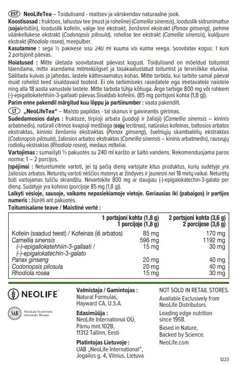 „NeoLifeTea“, žolelių arbatos mišinys su kofeinu (30 porcijų)
