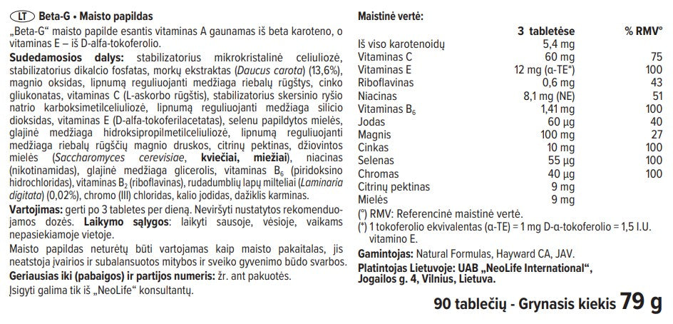Beta-G maisto papildas su cinku ir selenu (90 tablečių)