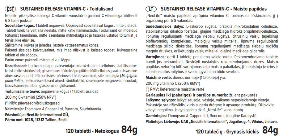 „Sustained Release Vitamin C“, vitamino C maisto papildas (120 tablečių)