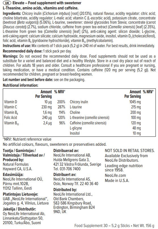 ELEVATE - maisto papildas su L-teaninu, aminorūgštimis ir vitaminais