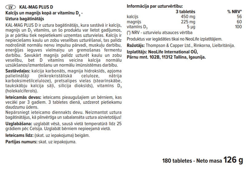 "Kal-Mag Plus D" mineralų  maisto papildas - kalcis, magnis ir vit. D3 (180 tablečių)