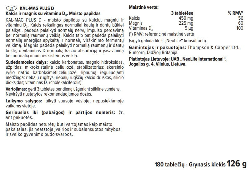 "Kal-Mag Plus D" mineralų  maisto papildas - kalcis, magnis ir vit. D3 (180 tablečių)