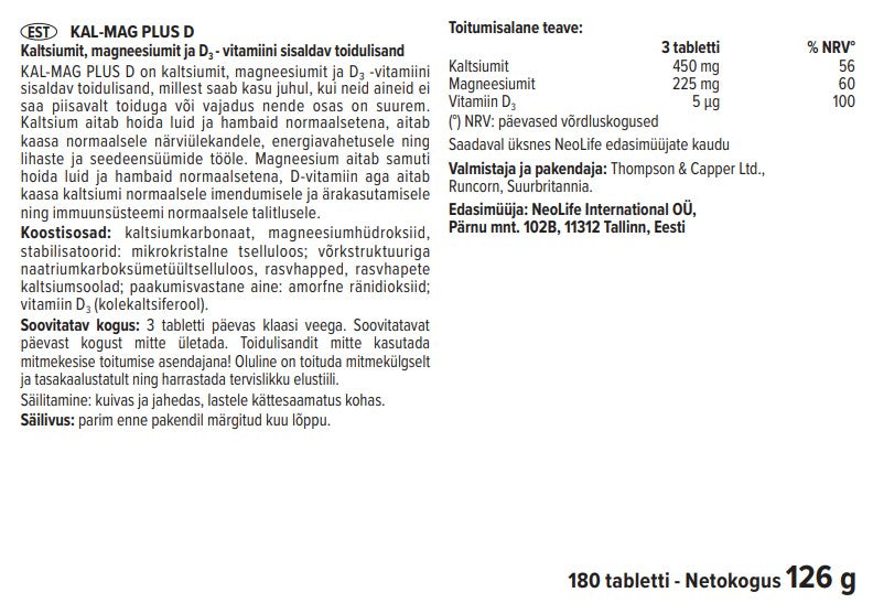 "Kal-Mag Plus D" mineralų  maisto papildas - kalcis, magnis ir vit. D3 (180 tablečių)
