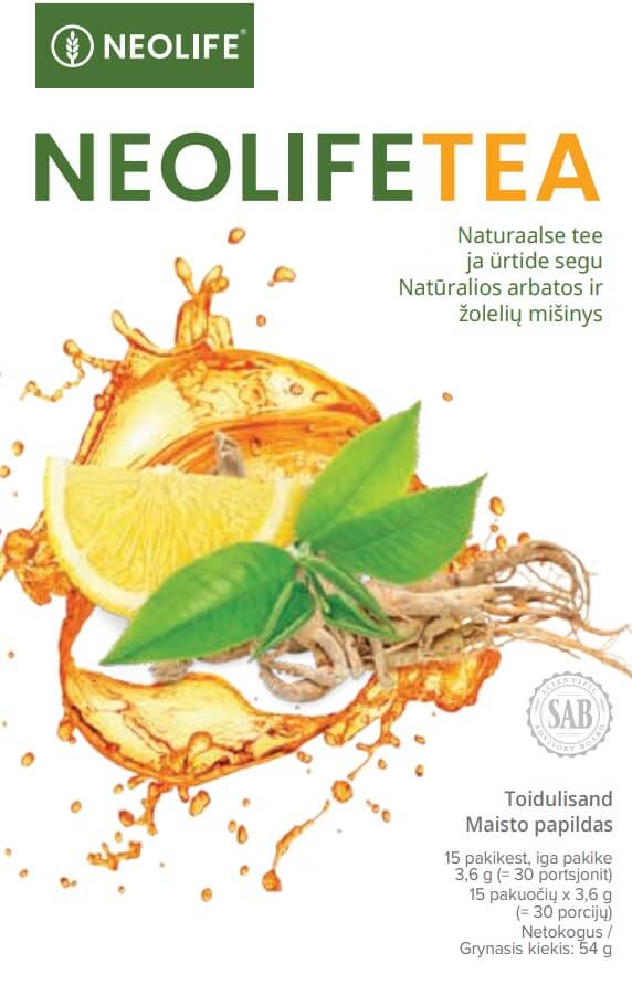 NeoLifeTea maisto papildas – natūralios arbatos ir žolelių mišinys su ženšeniu ir citrina, 15 pakelių