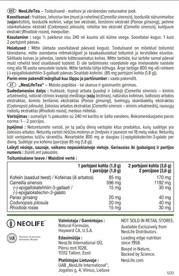 NeoLifeTea sudėtis ir vartojimo instrukcija – juodoji ir žalioji arbata, ženšenis, rodiolė, kofeinas