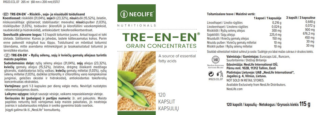 "Tre-en-en" ryžių sėlenų, sojos ir kviečių gemalų aliejaus turintis maisto papildas (120 kapsulių)