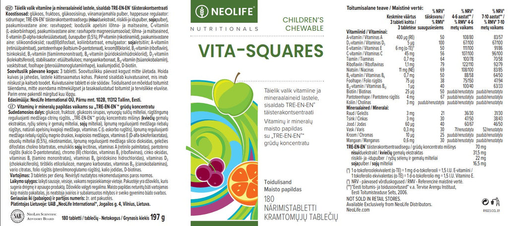 „Vita-Squares“, polivitaminai vaikams, kramtomosios tabletės (180 tablečių)