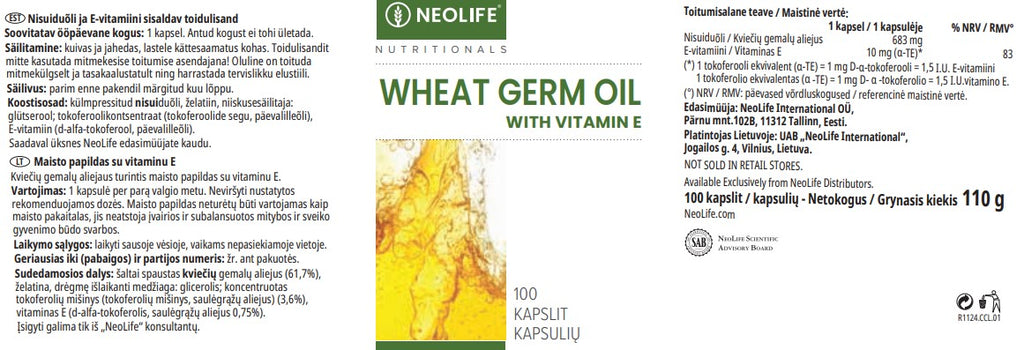Wheat Germ Oil / Kviečių gemalų aliejus su vitaminu E maisto papildas (100 kapsulių)