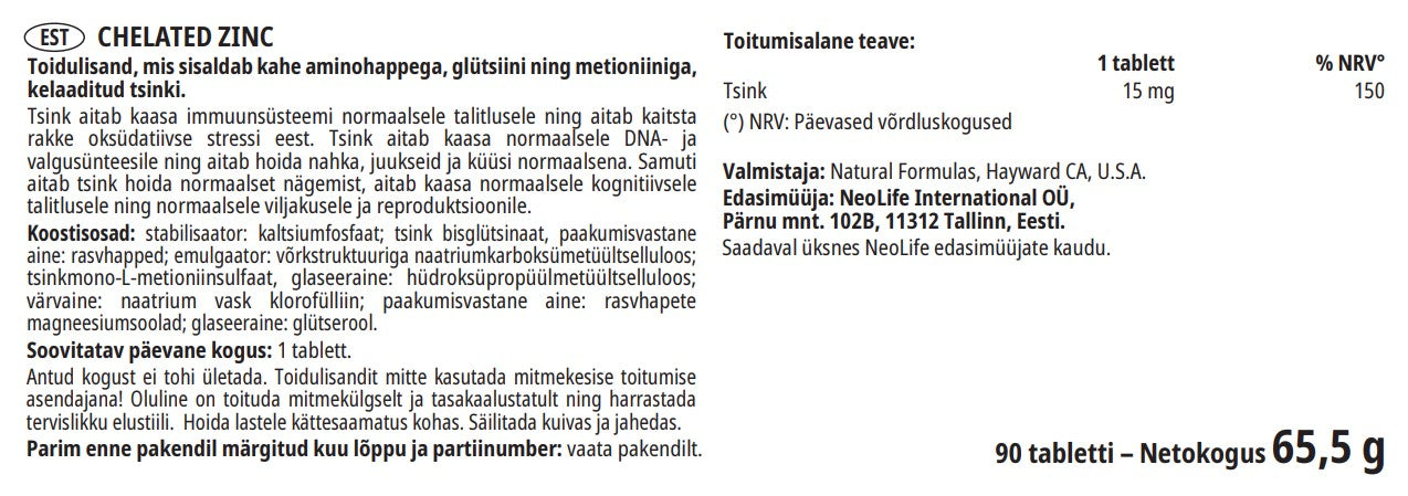 "Chelated Zinc" maisto papildas su cinku (90 tablečių)