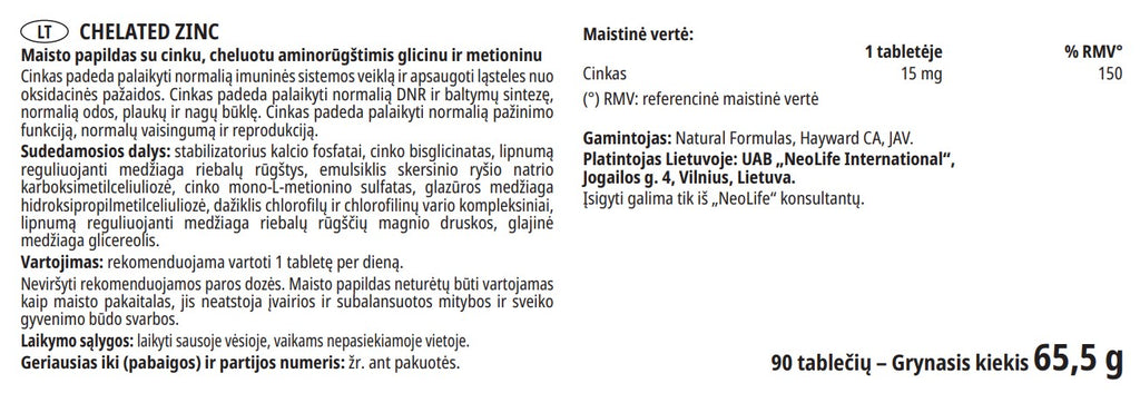 "Chelated Zinc" maisto papildas su cinku (90 tablečių)